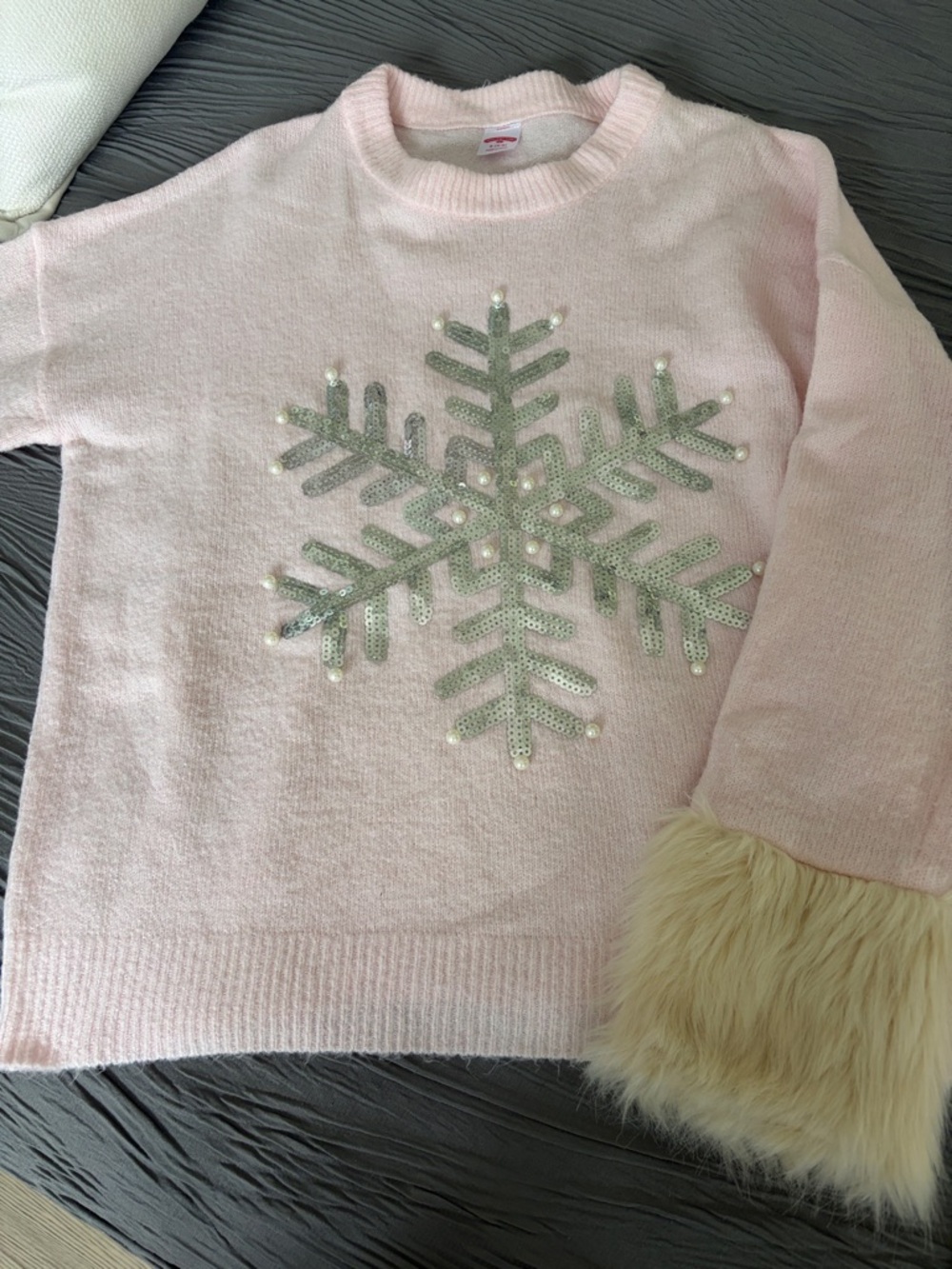 Women's Pink Snowflake Small Sweater with Faux Fur Cuffs